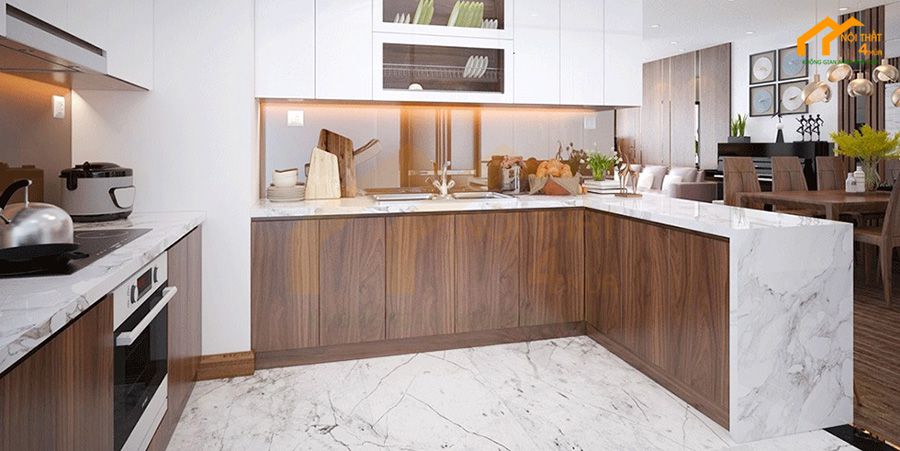 Mẫu tủ bếp gỗ veneer chữ U đẹp