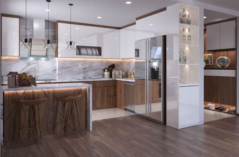 Mẫu tủ bếp gỗ veneer có quầy bar đẹp