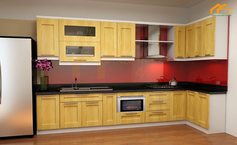 Mẫu tủ bếp gỗ veneer chữ L đẹp