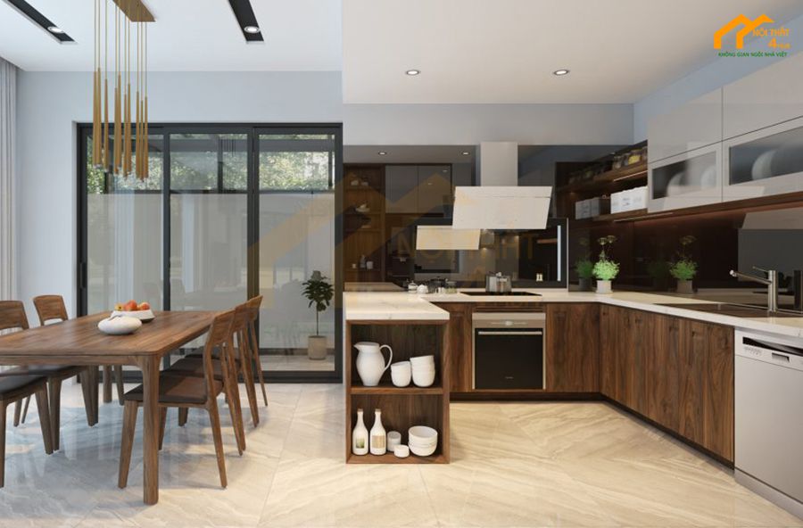 Mẫu tủ bếp gỗ veneer chữ U đẹp