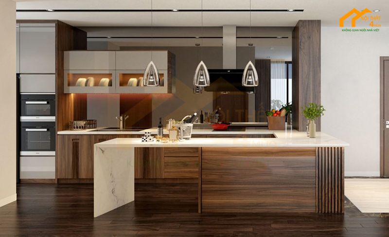Mẫu tủ bếp gỗ Veneer óc chó