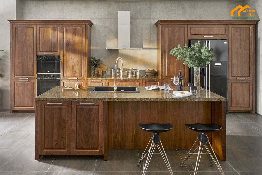 Mẫu tủ bếp gỗ veneer có quầy bar đẹp