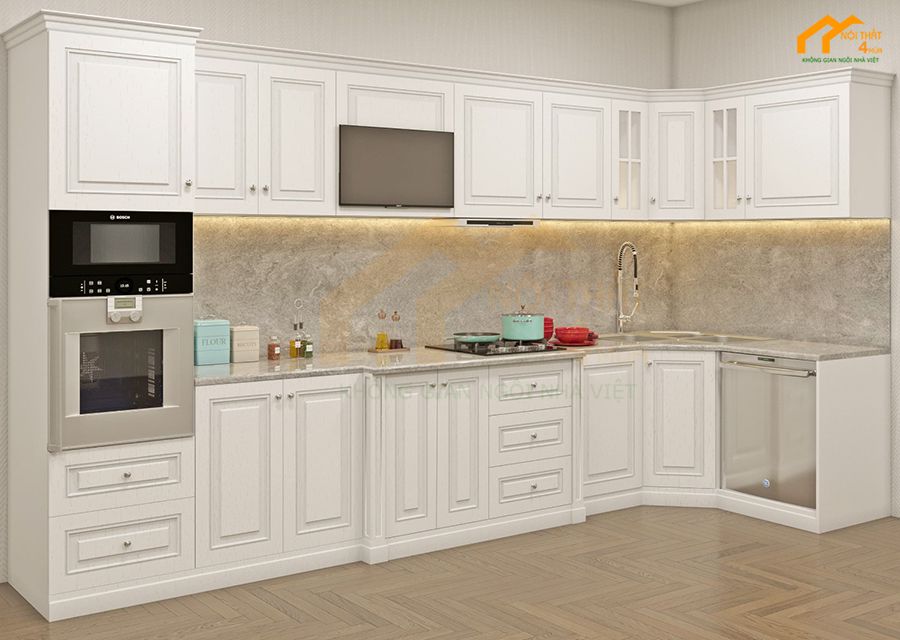 Báo giá 20+ Mẫu tủ bếp tân cổ điển đẹp sang trọng 14 Mẫu tủ bếp tân cổ điển hình chữ L đẹp