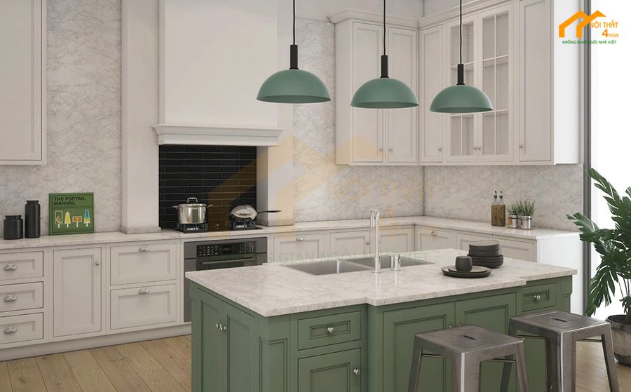 Báo giá 20+ Mẫu tủ bếp tân cổ điển đẹp sang trọng 29 Mẫu tủ bếp tân cổ điển có quày bar, bàn đảo