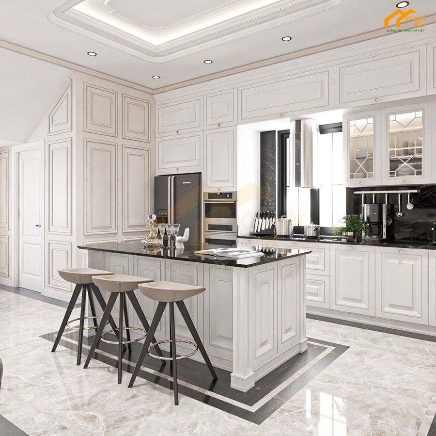 Báo giá 20+ Mẫu tủ bếp tân cổ điển đẹp sang trọng 30 Mẫu tủ bếp tân cổ điển có quày bar, bàn đảo