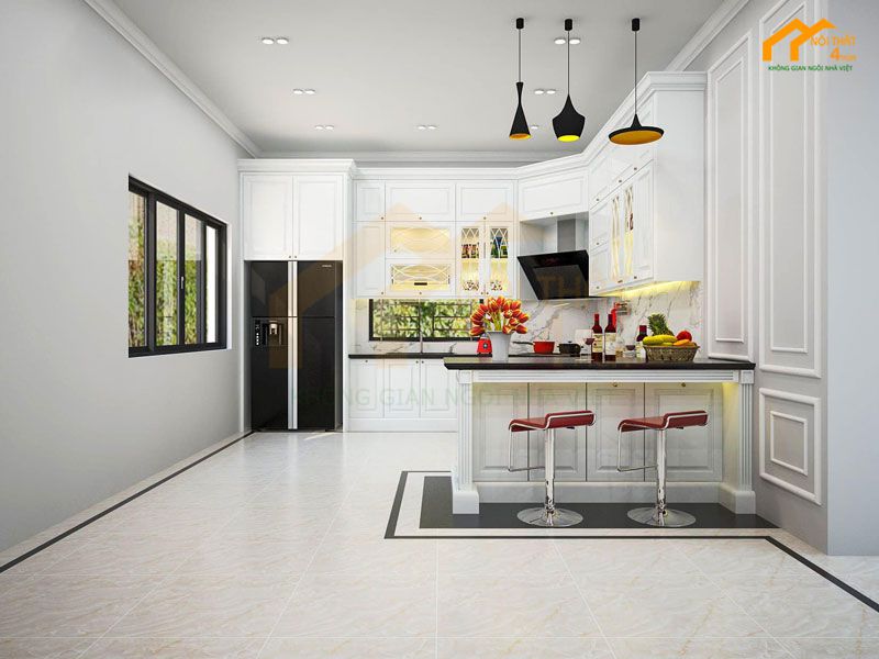 Báo giá 20+ Mẫu tủ bếp tân cổ điển đẹp sang trọng 32 Mẫu tủ bếp tân cổ điển có quày bar, bàn đảo