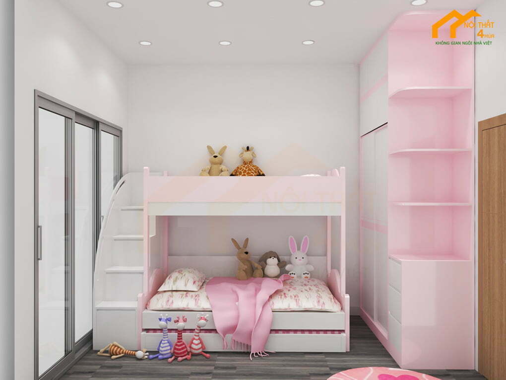 Mẫu phòng ngủ giường tầng dành cho 2 bé gái màu hồng Mẫu phòng ngủ giường tầng dành cho 2 bé gái màu hồng