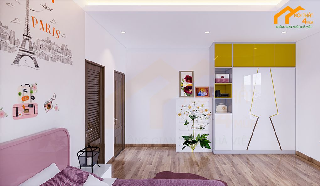 Mẫu phòng ngủ bé gái màu tím mộng mơ Tủ quần áo gỗ công nghiệp hiện đại được phủ bóng acrylic sang trọng