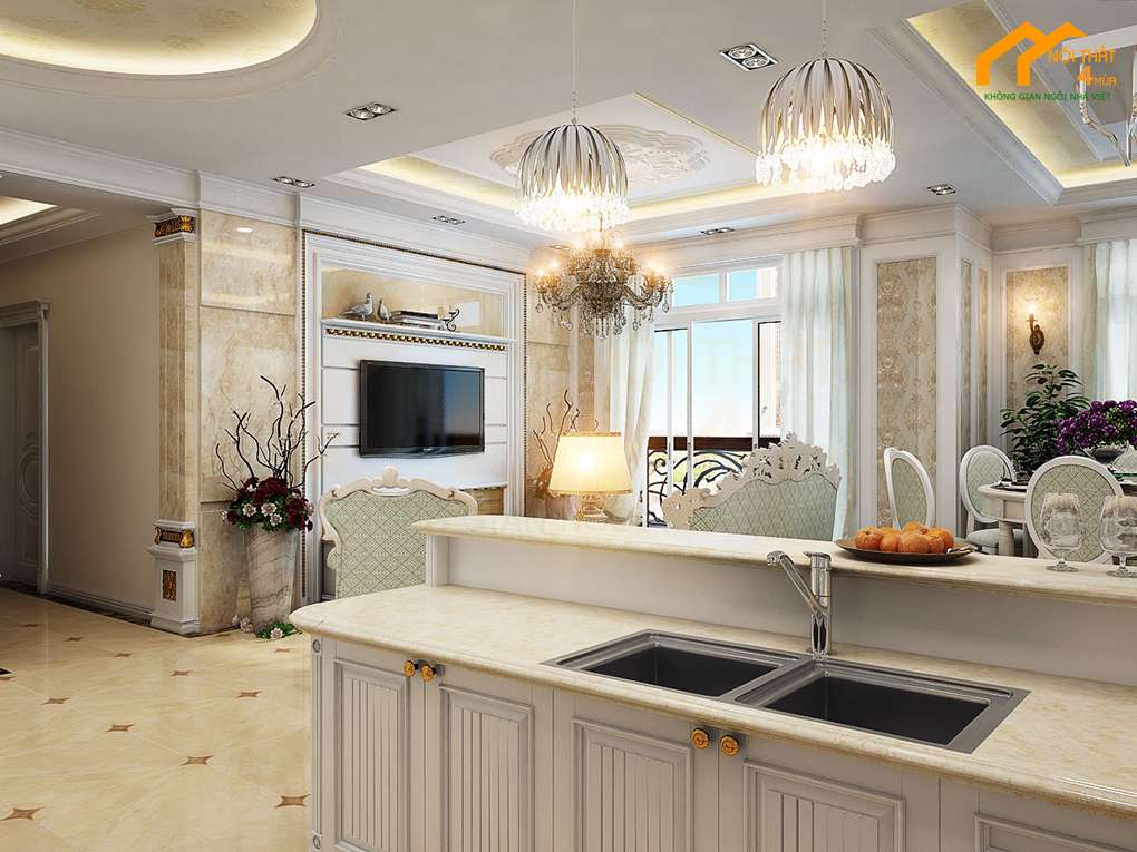 Căn hộ Sài Gòn Royal 80m2 3PN 12 Phòng bếp - Thiết kế nội thất chung cư 80m2 tân cổ điển