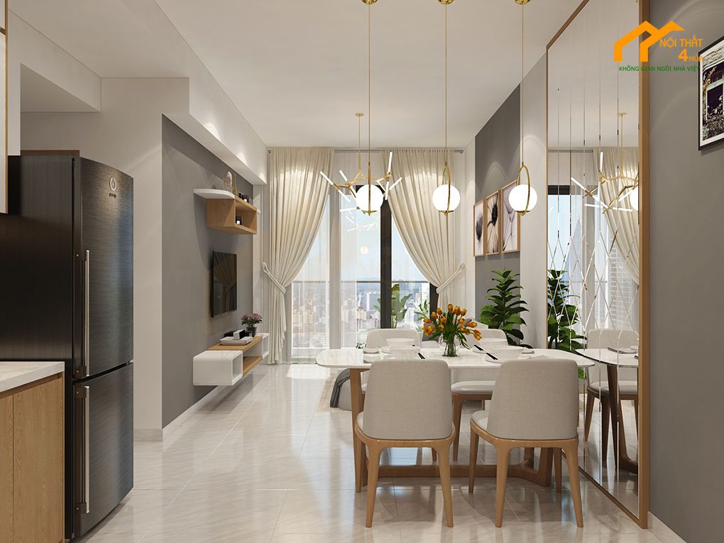 Phòng khách bếp - Thiết kế nội thất căn hộ chung cư 60m2