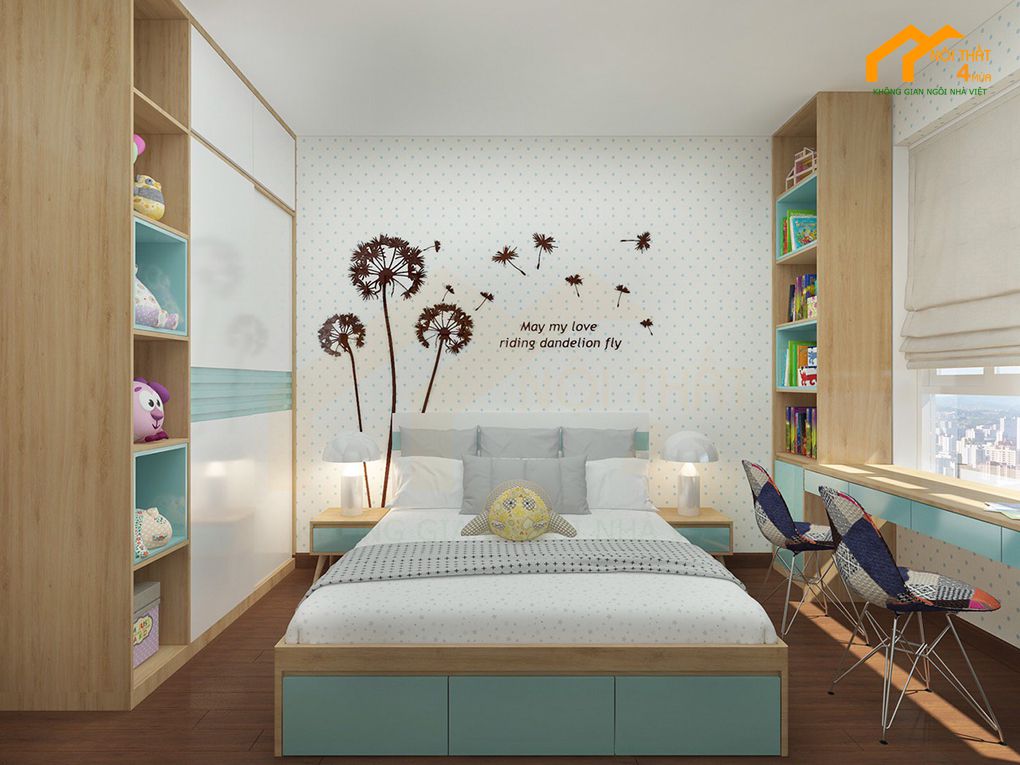 Mẫu thiết kế phòng ngủ cho 2 bé màu xanh trắng đẹp Mẫu thiết kế phòng ngủ cho 2 bé màu xanh trắng đẹp