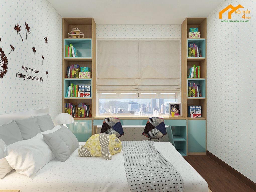 Mẫu thiết kế phòng ngủ cho 2 bé màu xanh trắng đẹp Mẫu thiết kế phòng ngủ cho 2 bé màu xanh trắng đẹp