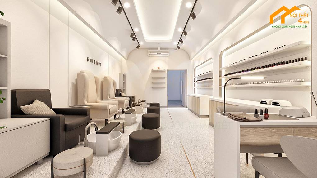 Tiệm Nail được trang trí bằng tủ kệ ấn tượng