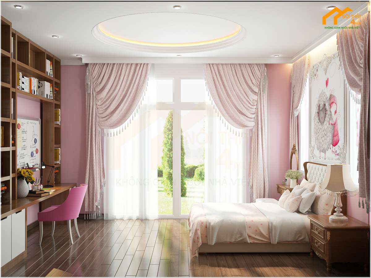 Mẫu phòng ngủ nữ màu hồng phấn