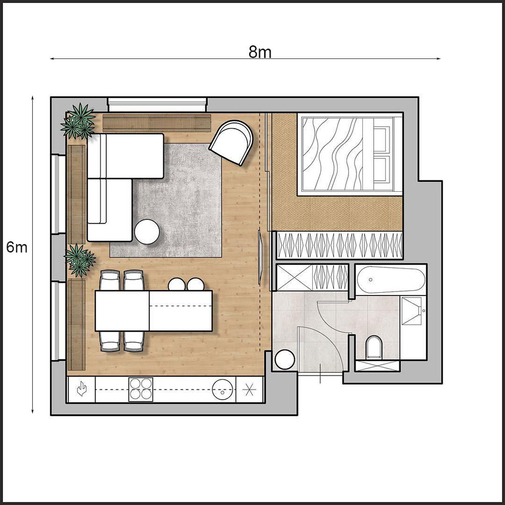 30+ Mẫu thiết kế nội thất nhà cấp 4 đẹp sang trọng và tiện nghi 14 Bố trí mặt bằng nội thất nhà cấp 4 1 pn