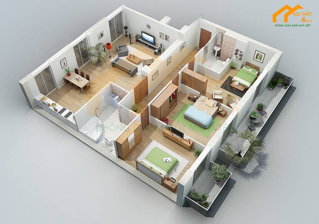 30+ Mẫu thiết kế nội thất nhà cấp 4 đẹp sang trọng và tiện nghi 33 Mẫu nội thất nhà cấp 4 3 phòng ngủ