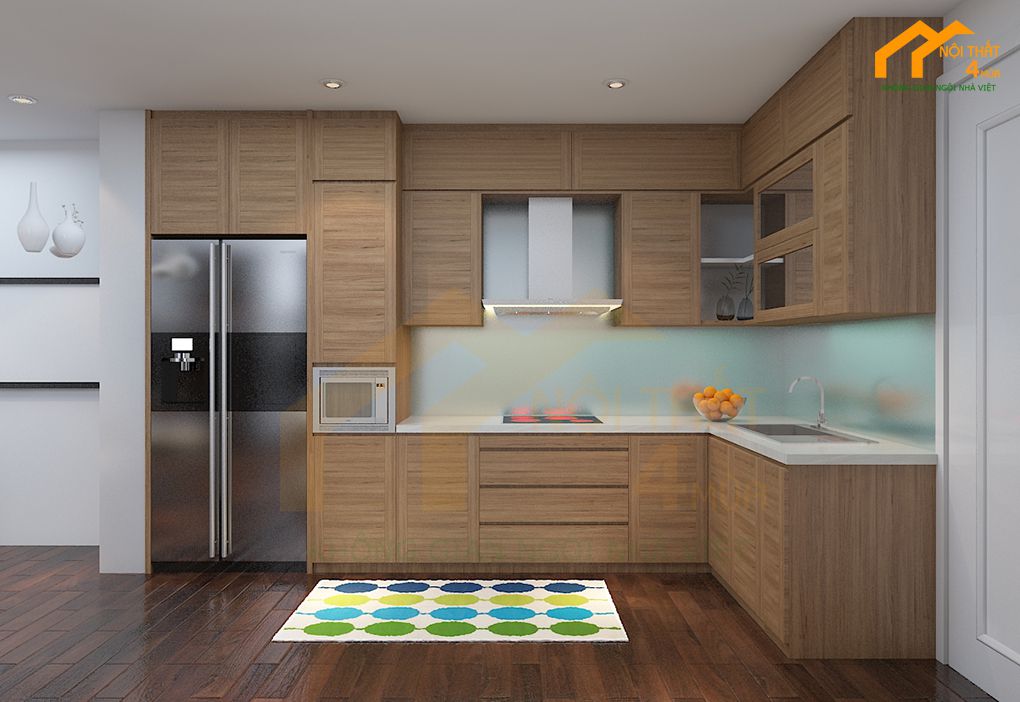 Phòng bếp chung cư gỗ tự nhiên
