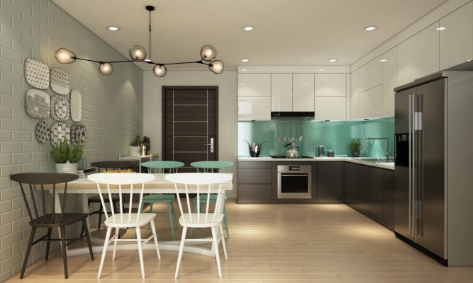 Phòng bếp chung cư gỗ công nghiệp