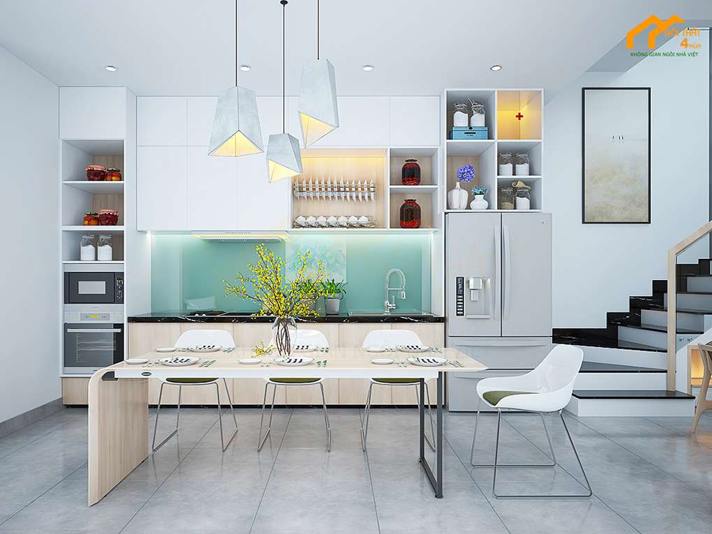 Phòng bếp liên thông phòng khách nhà ống đẹp