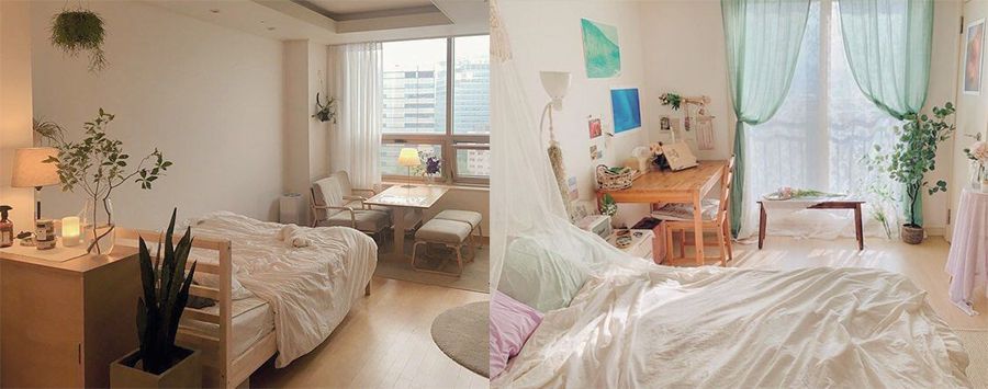 Decor phòng ngủ kiểu Hàn Quốc với rèm che mỏng
