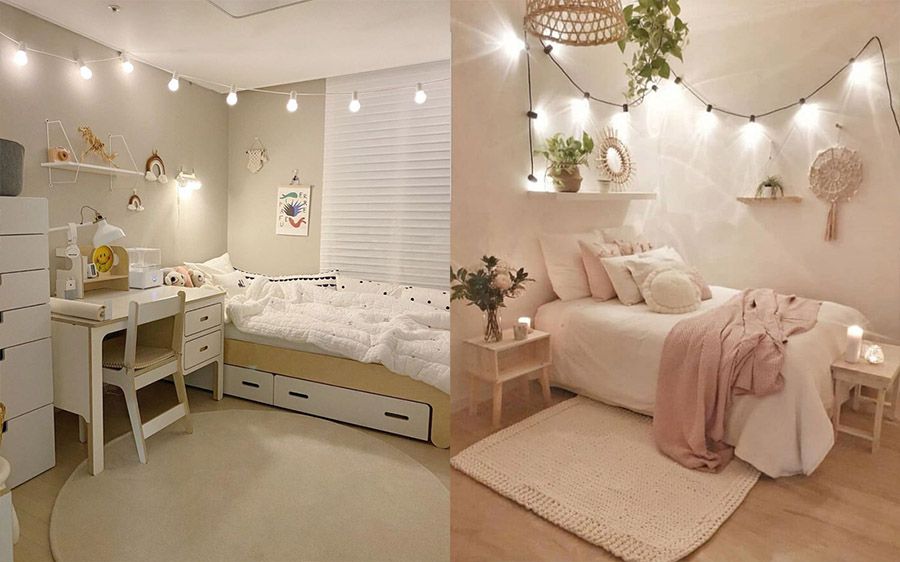 Phòng ngủ kiểu Hàn với các sợi dây đèn treo lãng mạn
