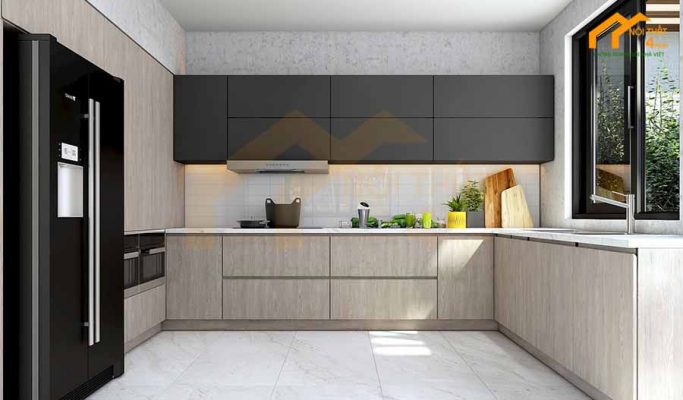 Mẫu tủ bếp gỗ an cường hình chữ u đẹp