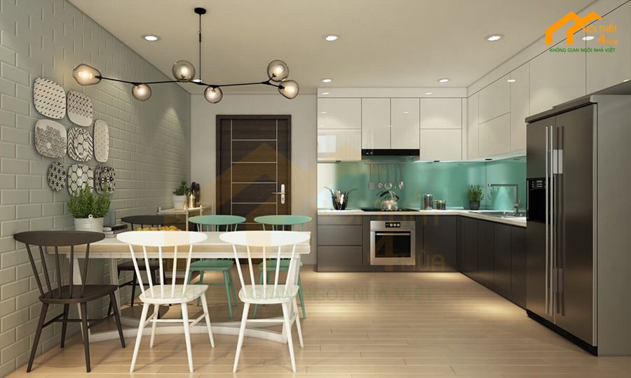 Mẫu tủ bếp gỗ an cường hình chữ L đẹp