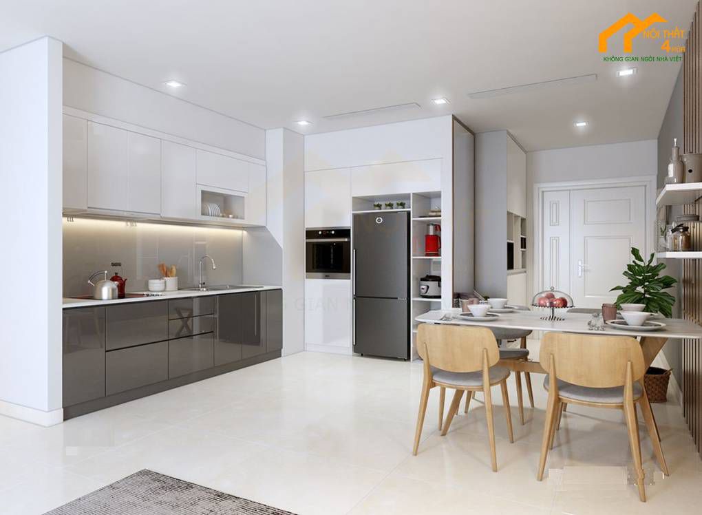 Mẫu tủ bếp gỗ an cường hình chữ L đẹp