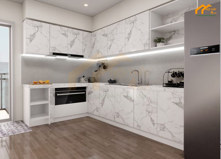 20+ Mẫu tủ bếp Melamine An Cường đẹp và Báo giá 2025 15 Tủ bếp MDF phủ Melamine vân gỗ