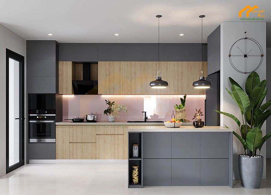 Mẫu tủ bếp gỗ an cường có quầy bar