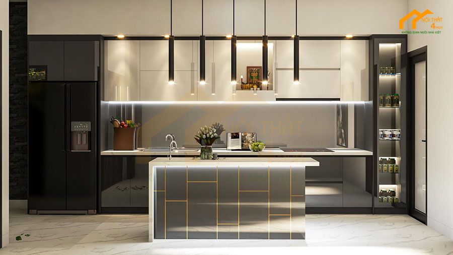 Mẫu tủ bếp gỗ an cường có quầy bar