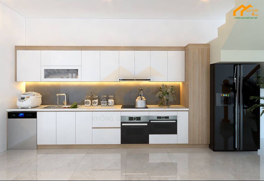 49+ Mẫu tủ bếp chữ i đẹp hiện đại cho nhà bếp nhỏ tiện nghi 43 Bố trí tủ bếp chữ I nhôm kính