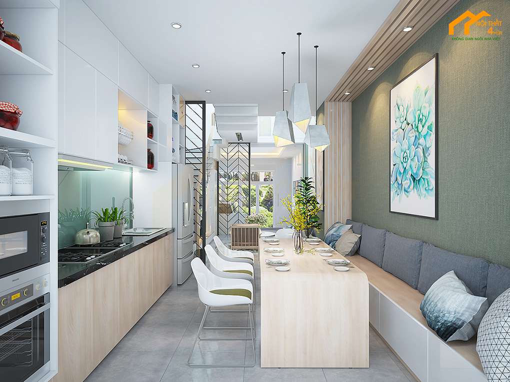Phòng bếp liên thông phòng khách nhà ống đẹp