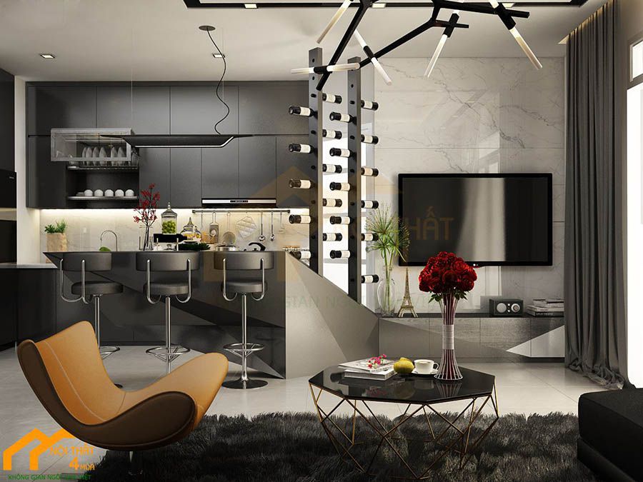 20+ Mẫu tủ bếp có quầy bar đẹp và hiện đại nhất 17 Mẫu tủ bếp có quầy bar mini ngăn bếp và phòng khách