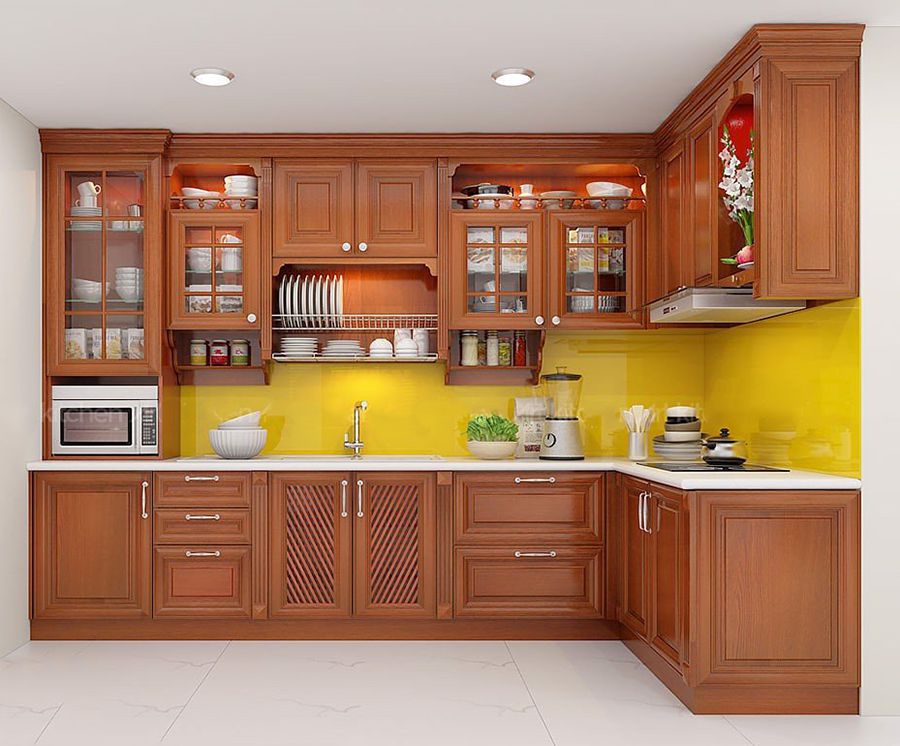 30+ Mẫu tủ bếp chữ L đẹp hiện đại ưa chuộng nhất hiện nay 15 Mẫu tủ bếp chữ L gỗ đỏ