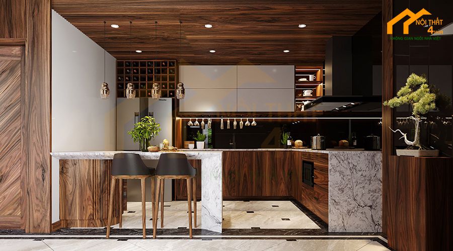 Mẫu tủ bếp gỗ óc chó hình chữ u