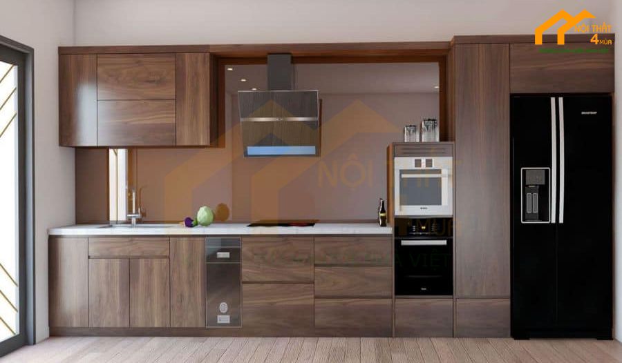 Mẫu tủ bếp gỗ óc chó hình chữ i