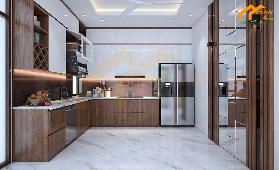 Mẫu tủ bếp gỗ óc chó hình chữ L