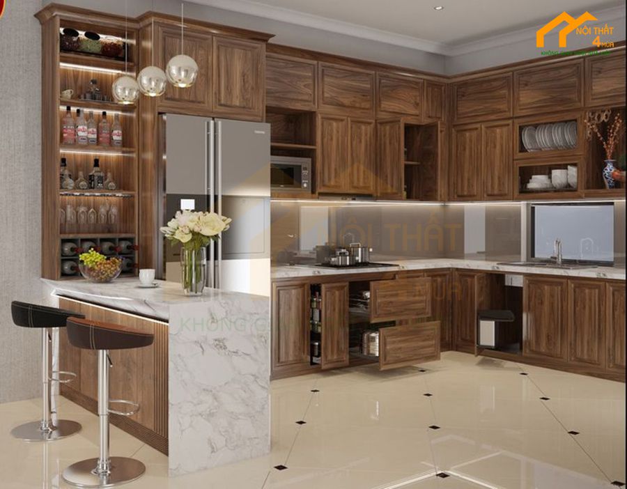Mẫu tủ bếp chữ U gỗ óc chó