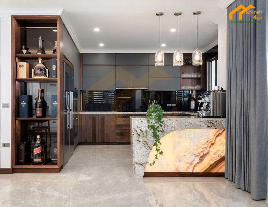 20+ Mẫu tủ bếp có quầy bar đẹp và hiện đại nhất 15 Mẫu tủ bếp có quầy bar làm bằng đá thạch cao cấp