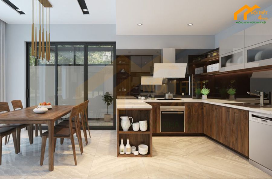 Tủ bếp gỗ Veneer óc chó