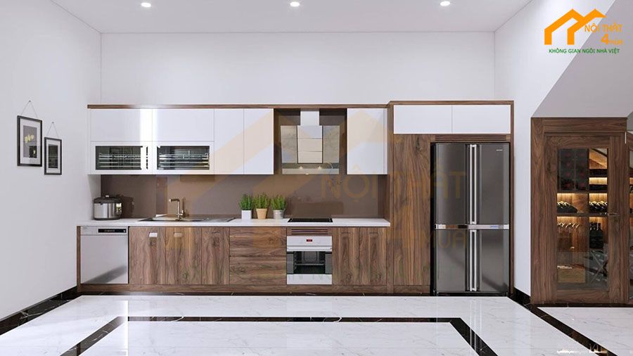 Mẫu tủ bếp gỗ óc chó hình chữ i