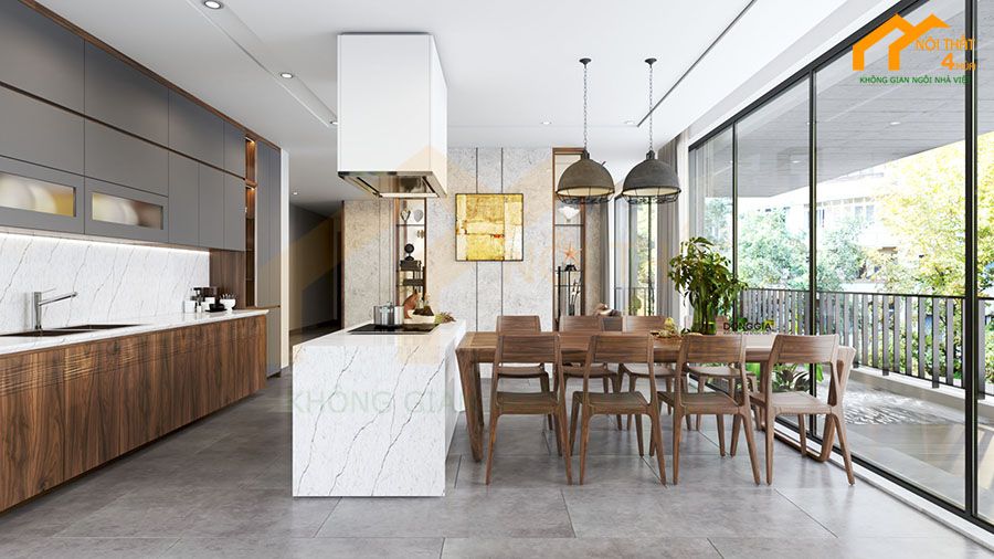 Tủ bếp gỗ Veneer óc chó