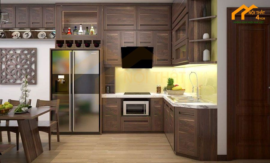 Mẫu tủ bếp gỗ óc chó hình chữ L