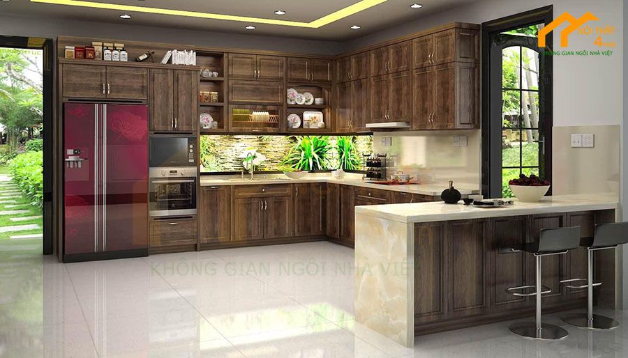 Mẫu tủ bếp chữ U gỗ óc chó