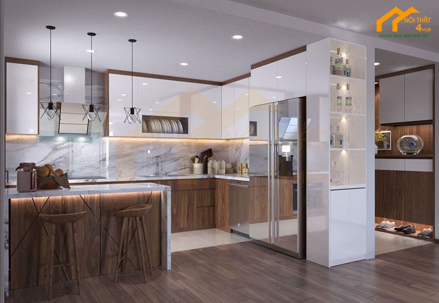 Mẫu tủ bếp gỗ có quầy bar