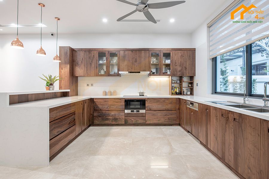 Tủ bếp gỗ Veneer óc chó