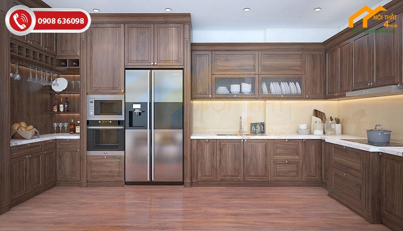 Mẫu tủ bếp chữ U đẹp gỗ sồi Mỹ