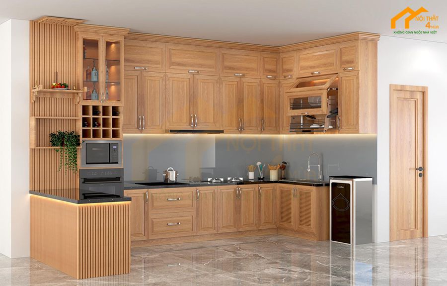 Mẫu tủ bếp chữ U gỗ sồi nga