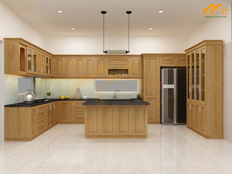 Mẫu tủ bếp chữ U gỗ sồi nga